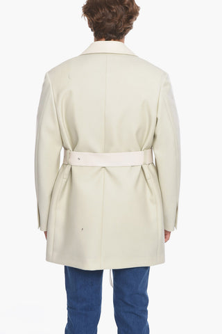 Single-breasted Wool Blazer with Leather Lapel and Belt
