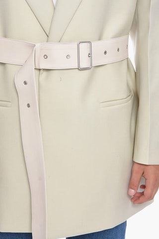 Single-breasted Wool Blazer with Leather Lapel and Belt