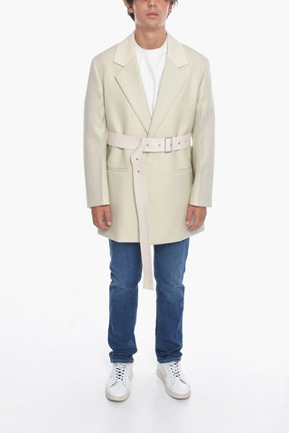 Single-breasted Wool Blazer with Leather Lapel and Belt