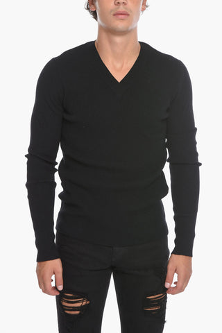 V Neck Ribbed Stretch Cotton Sweater
