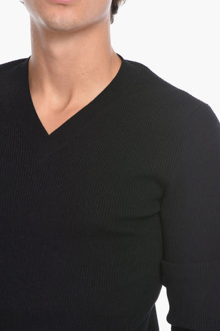 V Neck Ribbed Stretch Cotton Sweater