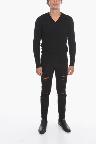 V Neck Ribbed Stretch Cotton Sweater