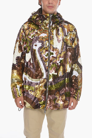 Padded Windbreaker with Hood Covered in Sequins