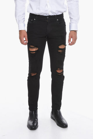 Distressed Slim-fitting Denims with Logo Plate 16cm