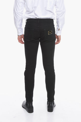 Distressed Slim-fitting Denims with Logo Plate 16cm