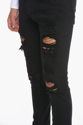 Distressed Slim-fitting Denims with Logo Plate 16cm