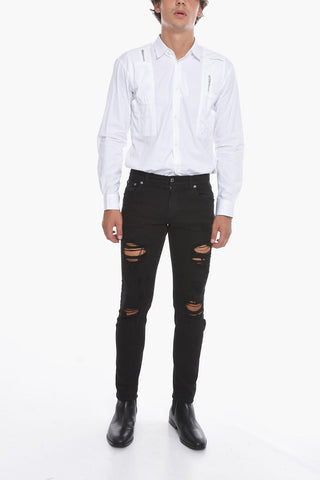 Distressed Slim-fitting Denims with Logo Plate 16cm