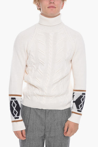 Cable Knit Turtleneck Sweater with Azteco Motif Detail