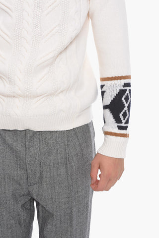 Cable Knit Turtleneck Sweater with Azteco Motif Detail
