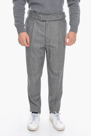 Virgin Wool Single-Pleated Pants with Micro Houndstooth Motif