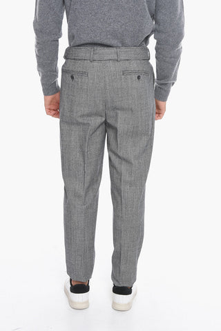 Virgin Wool Single-Pleated Pants with Micro Houndstooth Motif
