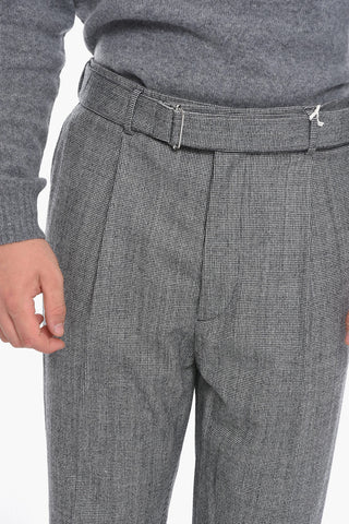 Virgin Wool Single-Pleated Pants with Micro Houndstooth Motif