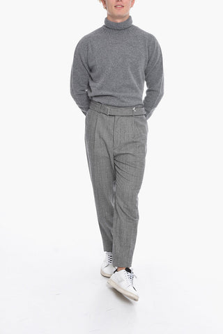 Virgin Wool Single-Pleated Pants with Micro Houndstooth Motif