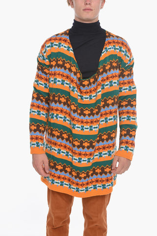 HOMME PLUS Deep-neckline Long Sweather with Geometric Pattern