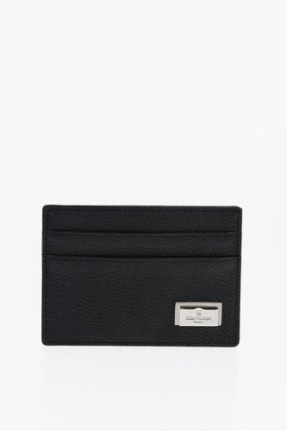 Textured Leather Card Holder with Silver Logo