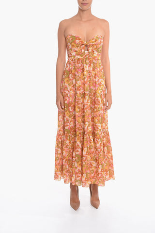 Floral-Motif VIOLET Maxi Strapless Dress With Cut Out Detailing and Ruffles