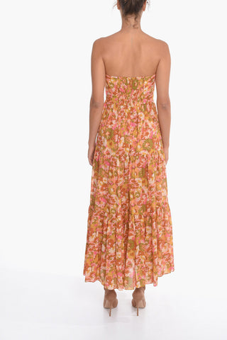 Floral-Motif VIOLET Maxi Strapless Dress With Cut Out Detailing and Ruffles
