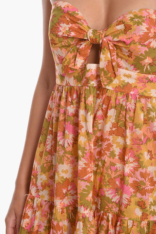 Floral-Motif VIOLET Maxi Strapless Dress With Cut Out Detailing and Ruffles