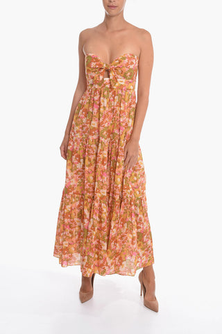 Floral-Motif VIOLET Maxi Strapless Dress With Cut Out Detailing and Ruffles