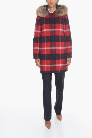 Checked ALLGOOD Down Jacket with Removable Hood and Real Fur Detail