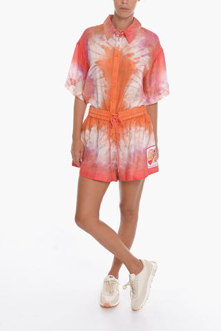Tie Dye Effect Semi-sheer Silk VIOLET Flared Shorts