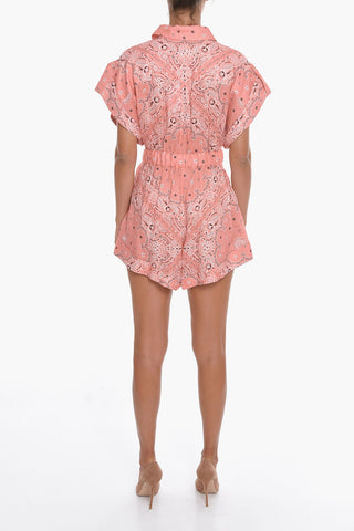 Paisley Motif Linen Roll Cuff VIOLET Overalls with Belt