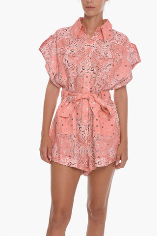 Paisley Motif Linen Roll Cuff VIOLET Overalls with Belt