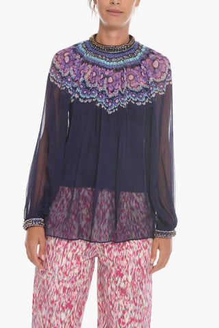 Silk CELESTIAL Flared Blouse with Collar and cuffs Embellished By rhinestones