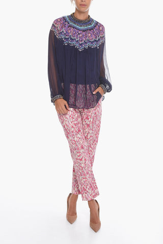 Silk CELESTIAL Flared Blouse with Collar and cuffs Embellished By rhinestones