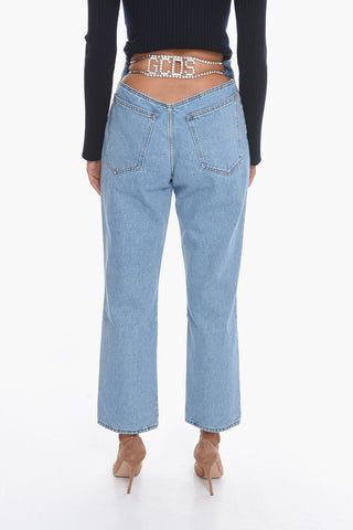 Light-washed Baggy Denims with Rhinestoned Logo on the Back
