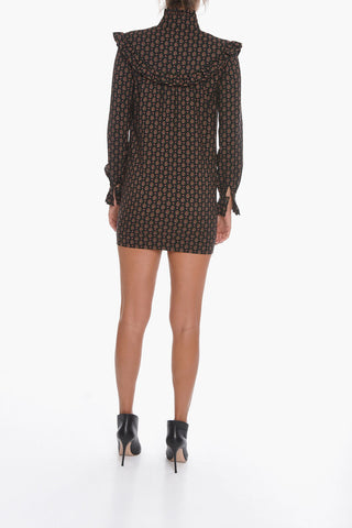 Wool Floral Long-sleeved Mini Dress with Ruffles