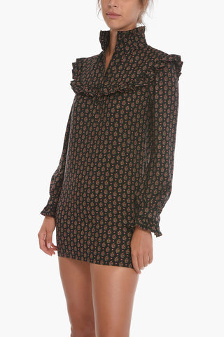 Wool Floral Long-sleeved Mini Dress with Ruffles
