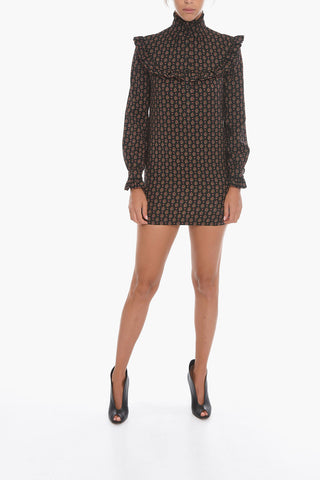 Wool Floral Long-sleeved Mini Dress with Ruffles
