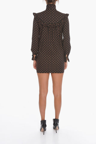 Wool Floral Long-sleeved Mini Dress with Ruffles