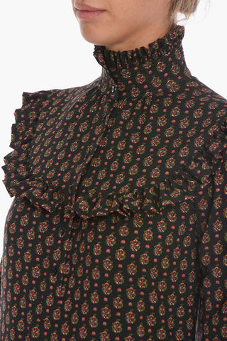 Wool Floral Long-sleeved Mini Dress with Ruffles
