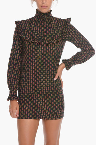 Wool Floral Long-sleeved Mini Dress with Ruffles