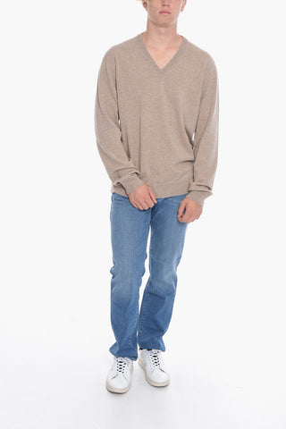 V Neck Cashmere Sweater with Suede Patches