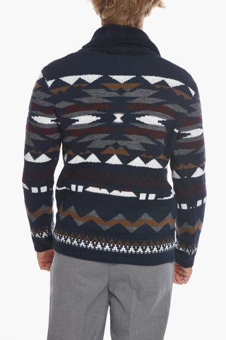 Aztec Motif Wool Blend Cardigan
