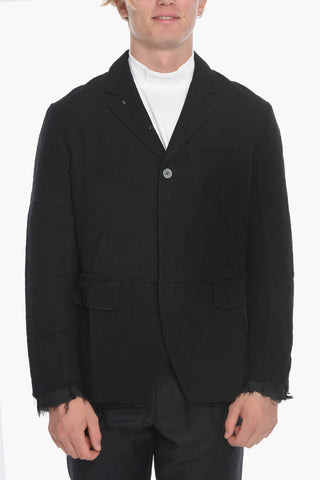 Wool-blend Single-breasted Blazer wit Raw-cut Hems