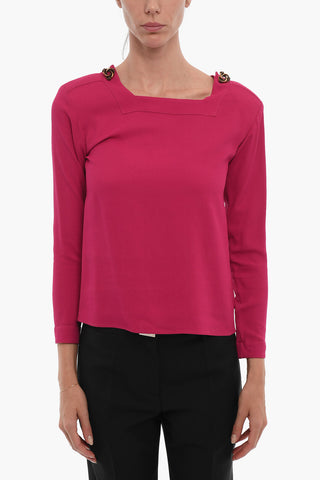 Long Sleeved Blouse With Squared Neck And Jewel Buttons