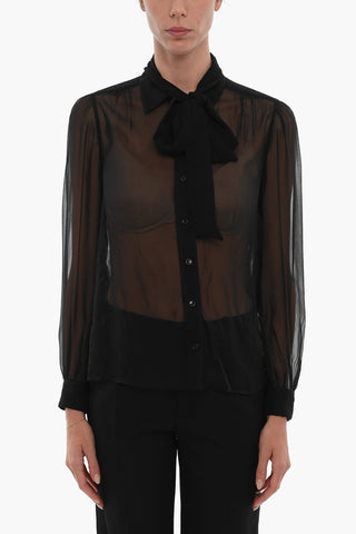 Camicia A maiche Lunghe In Seta Sheer Con Fiocco
