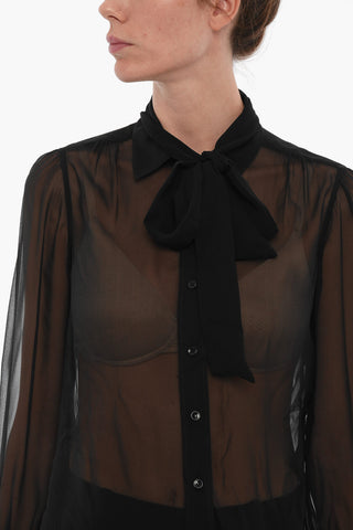 Camicia A maiche Lunghe In Seta Sheer Con Fiocco