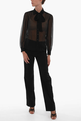 Camicia A maiche Lunghe In Seta Sheer Con Fiocco