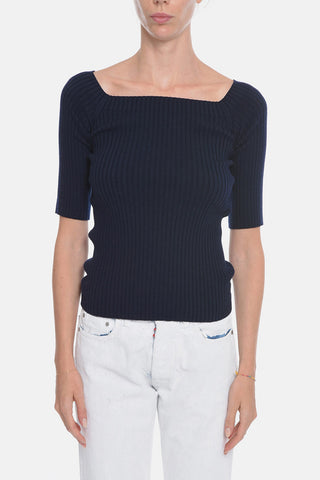 Ribbed Wool Sweater with 3/4 Sleeves