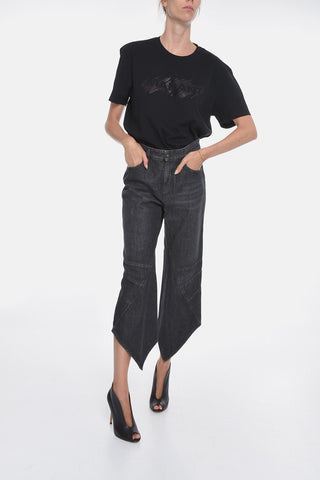 Mid-waisted Cropped Denims with Asymmetric Pointed Hems