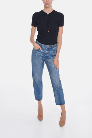 Mid-washed FRAGILE NOT Cropped Denims
