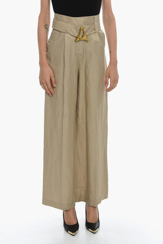Pearl Linen ALONDRA Wide-leg Pants with Gold-toned Maxi A Buckle