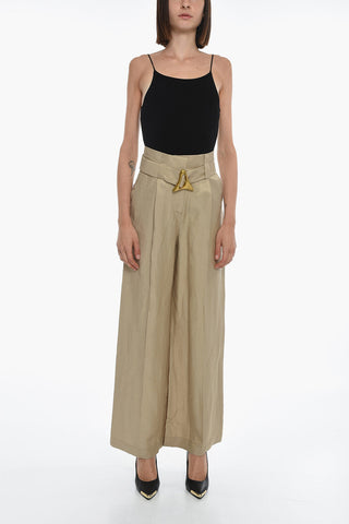 Pearl Linen ALONDRA Wide-leg Pants with Gold-toned Maxi A Buckle