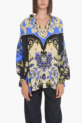Silk Floral Blouse with Mandarin Collar