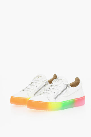 Leather Low Top Sneakers with Side Zip and Multicolor Sole